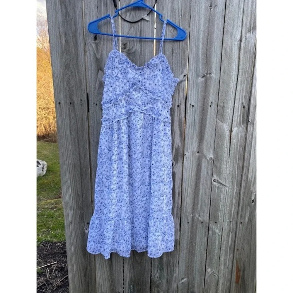 No Boundaries‎ Blue Floral Ruffle Midi Sundress White Sleeveless RN52469 S 3-5 - Picture 4 of 5